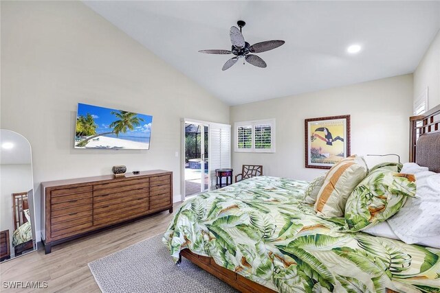 bedroom with recessed lighting, light wood-style flooring, access to exterior, ceiling fan, and lofted ceiling