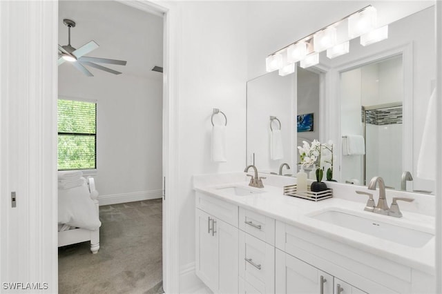 10191 Strike Ln, Bonita Springs, FL 34135 - bathroom featuring double vanity, a ceiling fan, a sink, and a shower