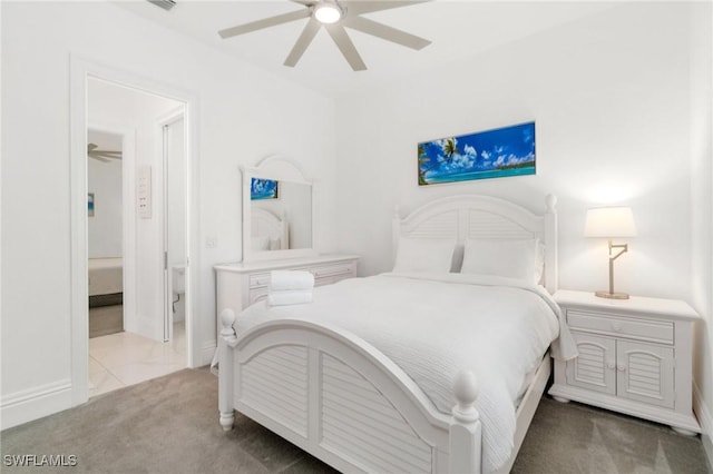 10191 Strike Ln, Bonita Springs, FL 34135 - bedroom with visible vents, light carpet, baseboards, a ceiling fan, and light tile patterned floors