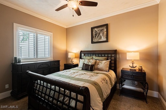 bedroom with carpet floors, ornamental molding, baseboards, and ceiling fan