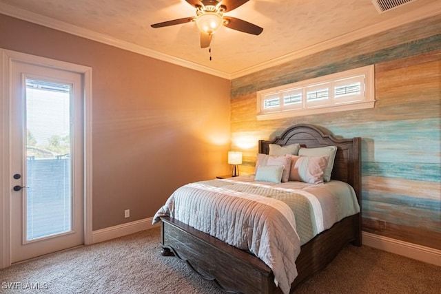bedroom featuring access to outside, visible vents, carpet floors, baseboards, and ornamental molding