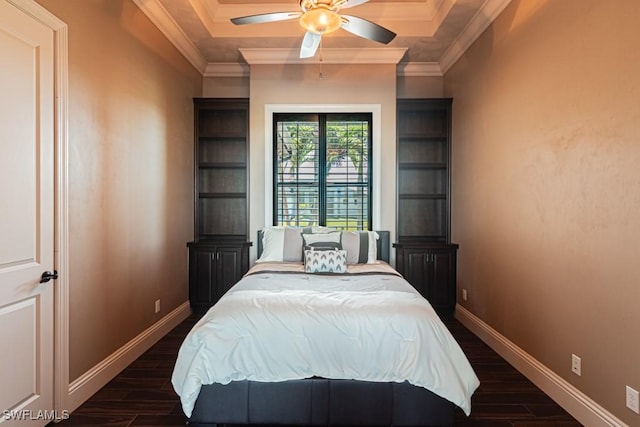 bedroom with baseboards, ornamental molding, and dark wood-style flooring