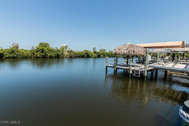 view of dock featuring boat lift and a water view