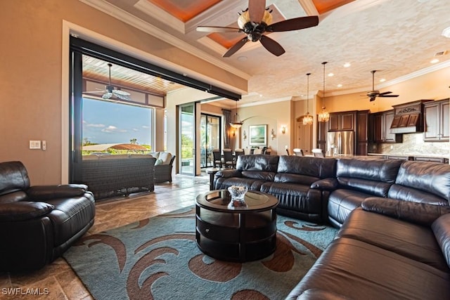 living room with crown molding, a ceiling fan, coffered ceiling, and recessed lighting
