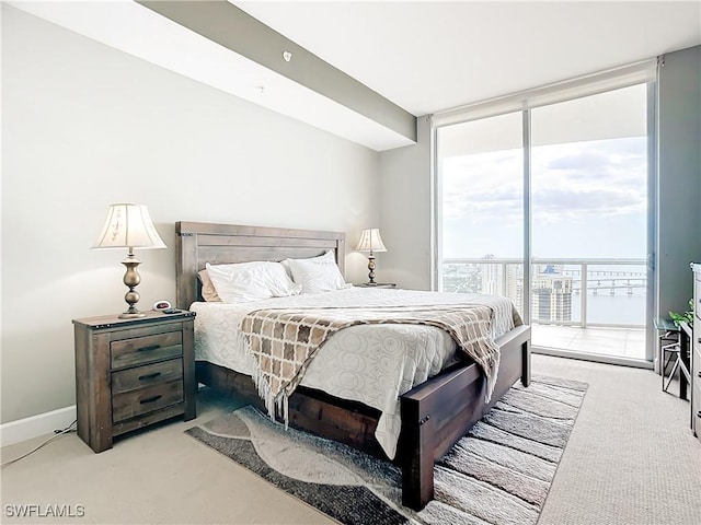 3000 Oasis Grand Blvd, Fort Myers, FL 33916 - bedroom featuring floor to ceiling windows, baseboards, access to outside, and light carpet