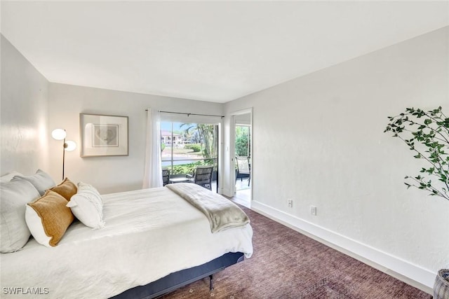 bedroom featuring carpet floors, access to exterior, and baseboards