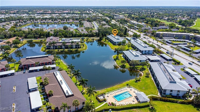 aerial view of a large body of water and a pool area