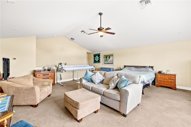 bedroom featuring light colored carpet, visible vents, and lofted ceiling