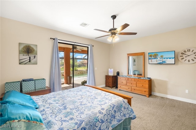 carpeted bedroom with baseboards, access to outside, a ceiling fan, and visible vents