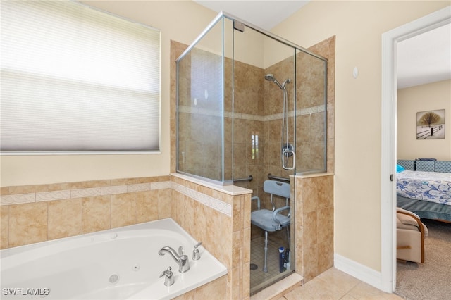 ensuite bathroom featuring tile patterned flooring, a shower stall, baseboards, a whirlpool tub, and connected bathroom