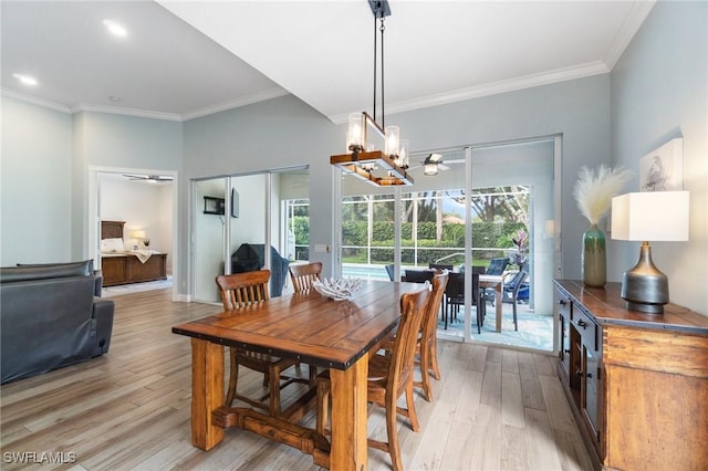 2733 Island Pond Ln, Naples, FL 34119 - dining area with a ceiling fan, light wood-type flooring, ornamental molding, and recessed lighting