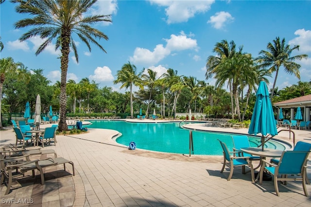 2733 Island Pond Ln, Naples, FL 34119 - community pool with a patio and view of wooded area