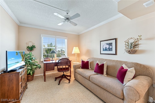 living room featuring crown molding, carpet flooring, a ceiling fan, a textured ceiling, and baseboards