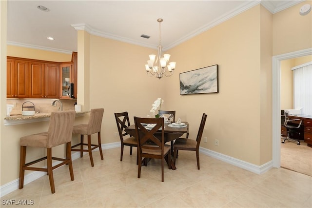 184 Vintage Cir Unit N202, Naples, FL 34119 - dining space with recessed lighting, a chandelier, baseboards, visible vents, and crown molding