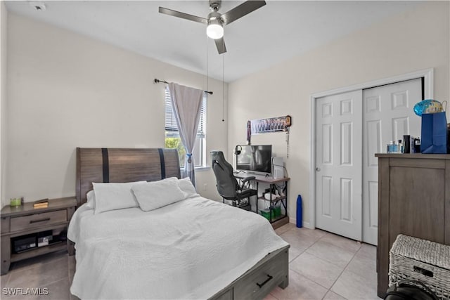 17152 Ashford Ter, Fort Myers, FL 33967 - bedroom with light tile patterned flooring, a closet, a desk, and a ceiling fan