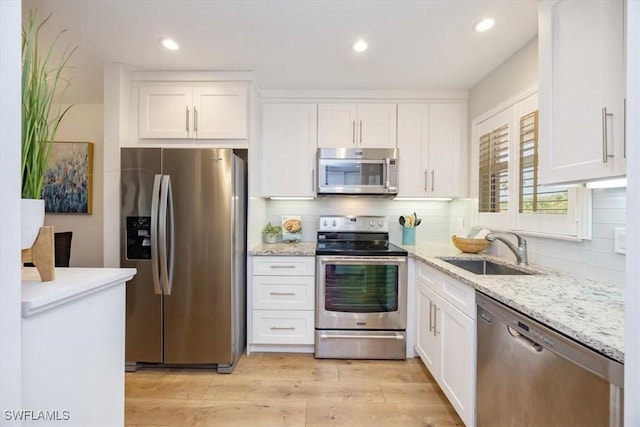 kitchen featuring a sink, decorative backsplash, light wood-style floors, white cabinetry, and appliances with stainless steel finishes
