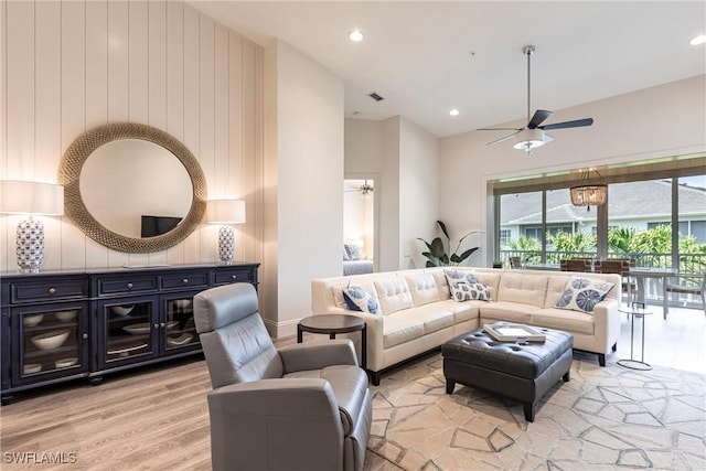 831 Sailaway Ln Unit 203, Naples, FL 34108 - living area with a ceiling fan, light wood-style floors, and recessed lighting
