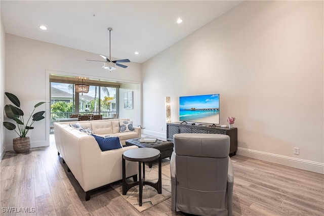 831 Sailaway Ln Unit 203, Naples, FL 34108 - living area with ceiling fan, baseboards, light wood-style flooring, high vaulted ceiling, and recessed lighting