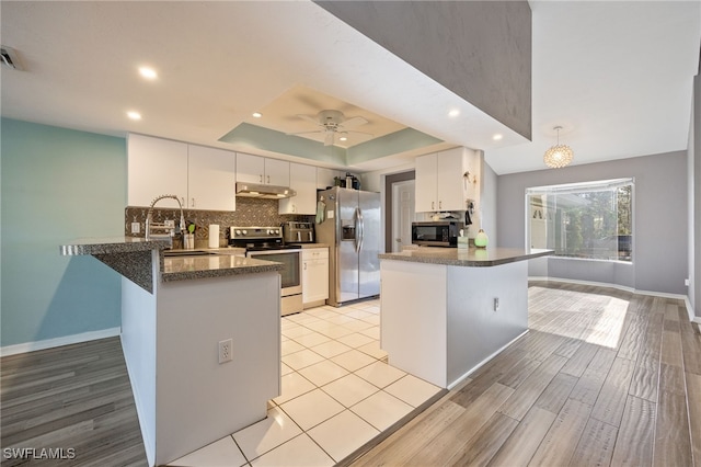 kitchen featuring appliances with stainless steel finishes, a sink, a peninsula, and under cabinet range hood