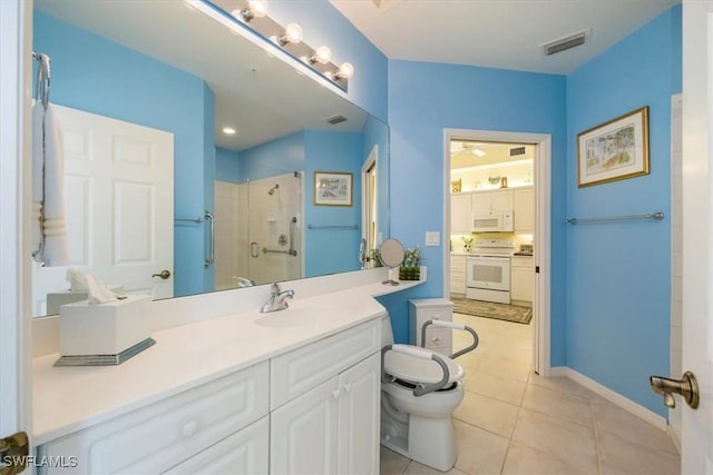 full bathroom with visible vents, a stall shower, toilet, tile patterned floors, and vanity