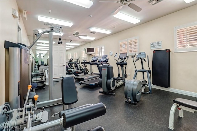 workout area with baseboards, visible vents, and a ceiling fan