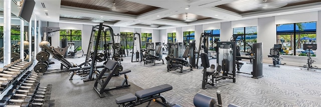 12389 Dahlia Ct, Naples, FL 34120 - gym with healthy amount of natural light, beamed ceiling, coffered ceiling, and recessed lighting