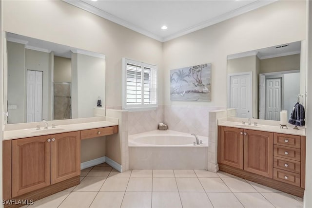 8442 Mallards Way, Naples, FL 34114 - full bathroom with tile patterned floors, ornamental molding, a sink, and a garden tub
