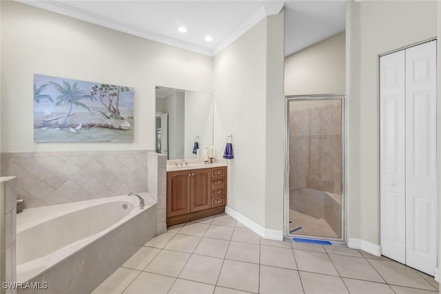 8442 Mallards Way, Naples, FL 34114 - full bathroom with a garden tub, crown molding, a shower stall, tile patterned floors, and vanity