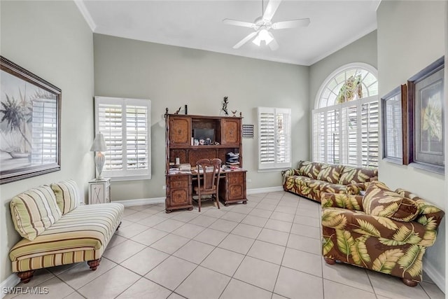 8442 Mallards Way, Naples, FL 34114 - office with baseboards, crown molding, ceiling fan, and light tile patterned flooring