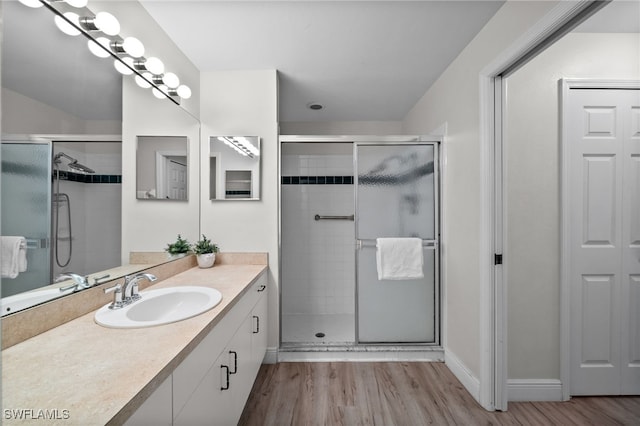 bathroom with vanity, wood finished floors, and a shower stall