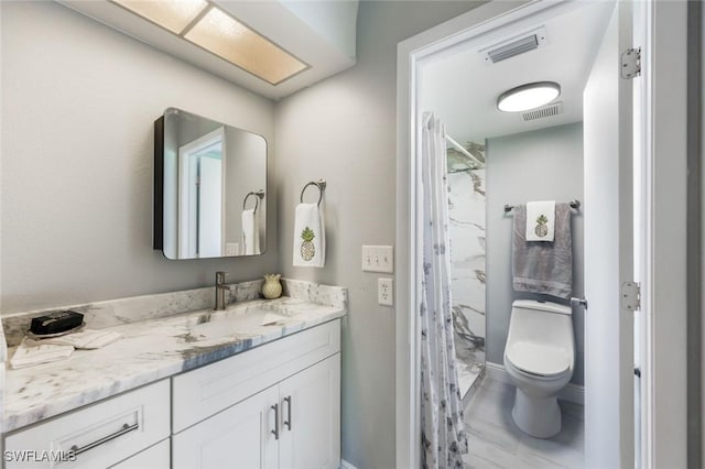 15177 Parkside Dr Unit 104, Fort Myers, FL 33908 - bathroom featuring toilet, curtained shower, vanity, baseboards, and visible vents