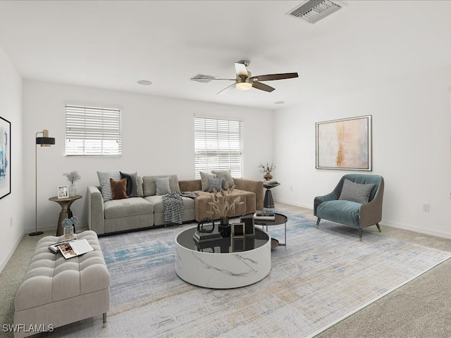 2478 Heydon Cir E, Naples, FL 34120 - carpeted living room with visible vents, a ceiling fan, and baseboards