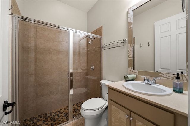 full bath featuring vanity, toilet, and a stall shower