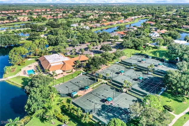 aerial view with a water view and a residential view