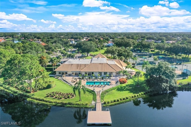 drone / aerial view featuring a water view