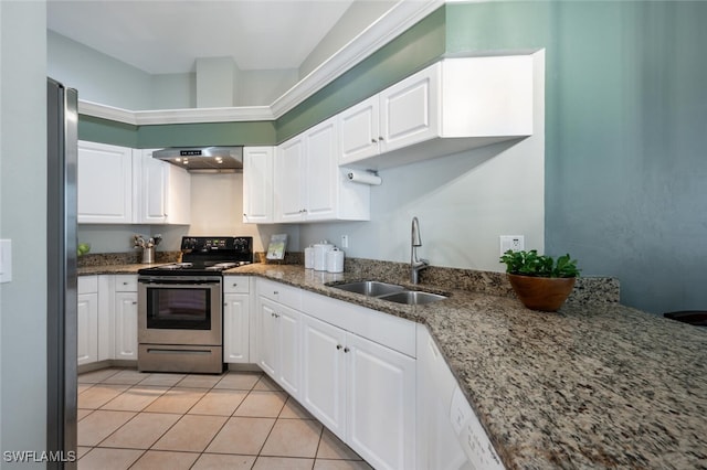kitchen featuring a sink, ventilation hood, white cabinetry, and stainless steel appliances