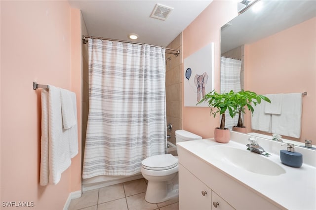 bathroom featuring shower / bath combo, vanity, tile patterned floors, toilet, and visible vents