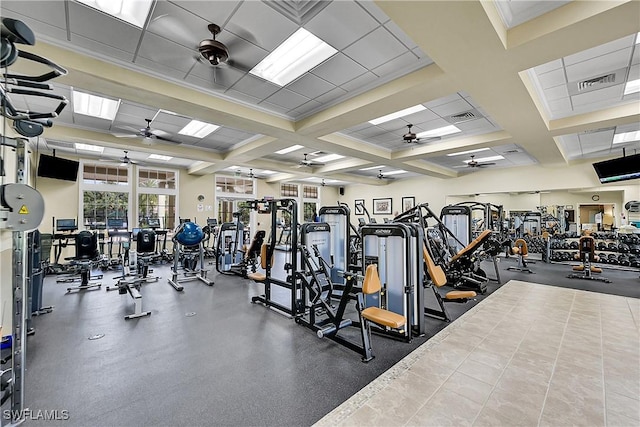 3129 Preserves Edge Ct, Fort Myers, FL 33905 - exercise room featuring coffered ceiling, ceiling fan, and visible vents