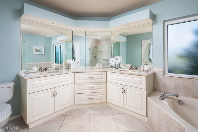 7048 Pelican Bay Blvd Unit C104, Naples, FL 34108 - full bath featuring double vanity, toilet, tile patterned floors, a sink, and a stall shower