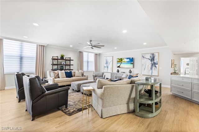 14250 Royal Harbour Ct Unit 913, Fort Myers, FL 33908 - living room with crown molding, light wood finished floors, ceiling fan, baseboards, and recessed lighting