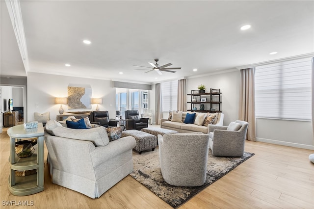 14250 Royal Harbour Ct Unit 913, Fort Myers, FL 33908 - living area featuring ornamental molding, a ceiling fan, recessed lighting, light wood finished floors, and baseboards