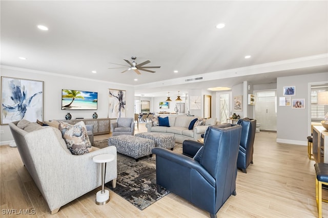 14250 Royal Harbour Ct Unit 913, Fort Myers, FL 33908 - living room with baseboards, a ceiling fan, recessed lighting, ornamental molding, and light wood-type flooring