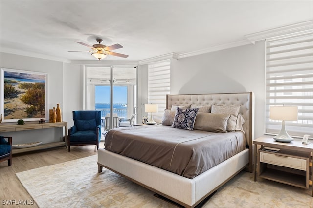 14250 Royal Harbour Ct Unit 913, Fort Myers, FL 33908 - bedroom featuring ornamental molding, access to exterior, wood finished floors, and ceiling fan