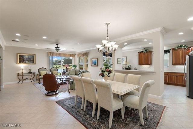 28666 San Lucas Ln Unit 102, Bonita Springs, FL 34135 - dining area featuring crown molding, ceiling fan with notable chandelier, recessed lighting, and light tile patterned flooring