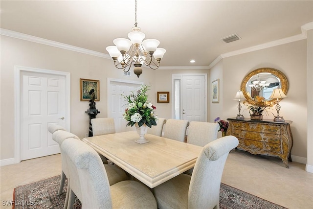 28666 San Lucas Ln Unit 102, Bonita Springs, FL 34135 - dining space with baseboards, ornamental molding, light tile patterned flooring, and a chandelier