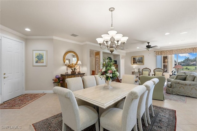 28666 San Lucas Ln Unit 102, Bonita Springs, FL 34135 - dining area featuring visible vents, baseboards, ceiling fan with notable chandelier, ornamental molding, and recessed lighting