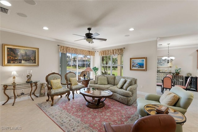 28666 San Lucas Ln Unit 102, Bonita Springs, FL 34135 - living area with ornamental molding, ceiling fan with notable chandelier, recessed lighting, and visible vents