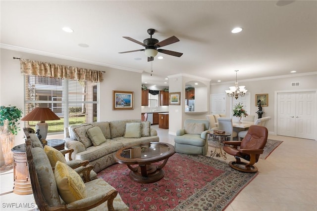 28666 San Lucas Ln Unit 102, Bonita Springs, FL 34135 - living area featuring visible vents, light tile patterned floors, ceiling fan with notable chandelier, ornamental molding, and recessed lighting