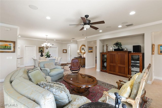 28666 San Lucas Ln Unit 102, Bonita Springs, FL 34135 - living room featuring visible vents, baseboards, ceiling fan with notable chandelier, ornamental molding, and recessed lighting