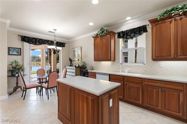 28666 San Lucas Ln Unit 102, Bonita Springs, FL 34135 - kitchen with light tile patterned flooring, a sink, dishwasher, light countertops, and a chandelier